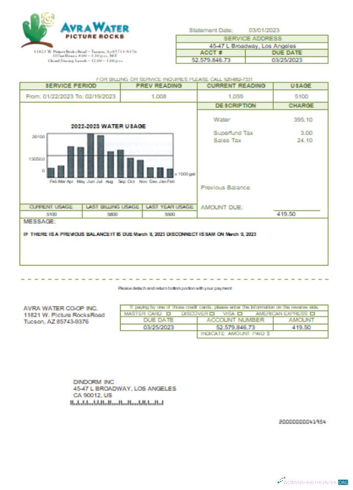Download Avra Water Co Op utility business bill, SCR Photoshop template